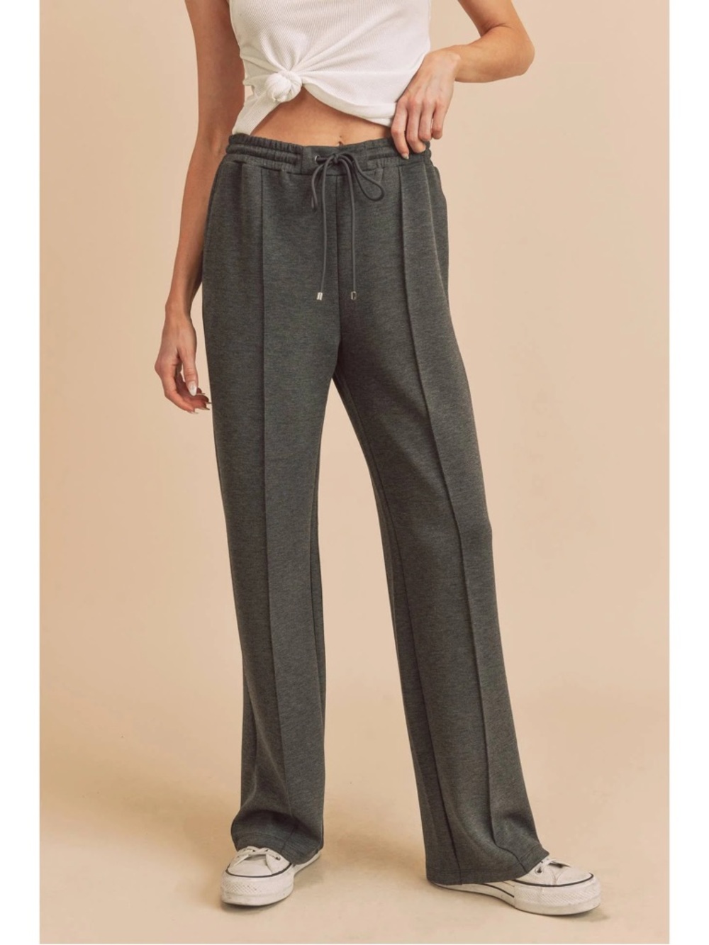 NWT AEMI & Co Drawstring Straight-Leg Pintuck Pants - Charcoal